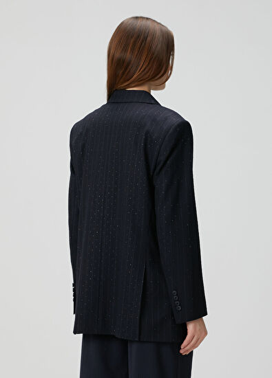 Sandro Navy Blue Striped Crystal Embellished Jacket - 4