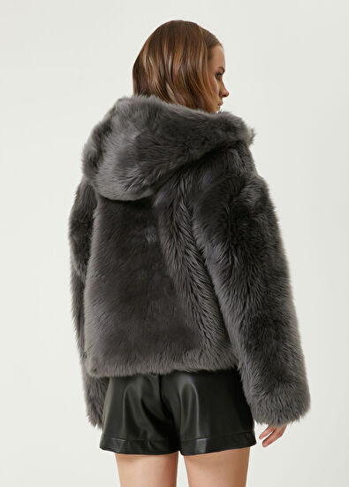 Beymen Club Anthracite Hooded Lamb Fur Coat - 6