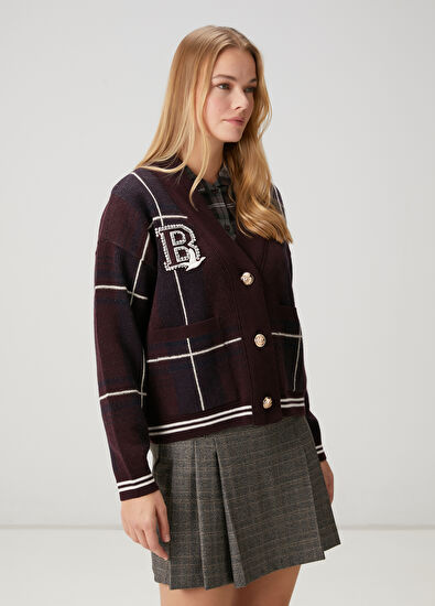 Beymen Club Bordo Ekoseli Yün Hırka - 5