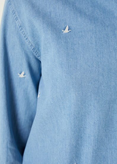 Beymen Club Mavi Serpme Kuş Nakışlı Denim Gömlek - 5