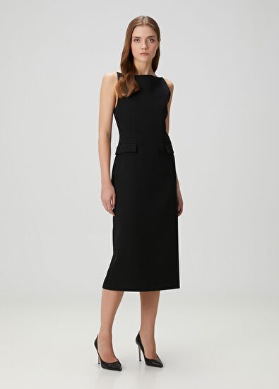 Siyah Midi Kokteyl Elbise - Görsel 6