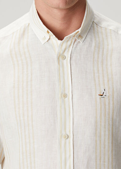 Beymen Club Beige White Striped Comfort Fit Linen Shirt - 6