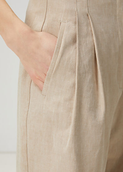 Beymen Club Bej Çift Pilili Keten Pantolon - 6