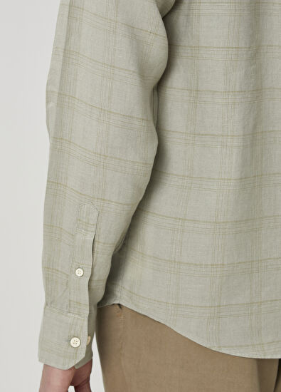 Beymen Club Comfort Fit Light Khaki Plaid Pattern Linen Shirt - 7