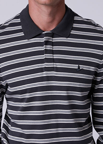 Beymen Club Comfort Fit Antrasit Polo Yaka Çizgili Sweatshirt - 6