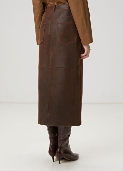 Beymen Club Kahverengi Midi Deri Etek - 4