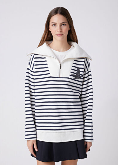 Beymen Club Navy Blue White Striped Sweatshirt - 5