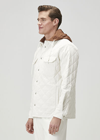 Beymen Club Kırık Beyaz Kapüşonlu Kapitoneli Kadife Dış Gömlek - 4