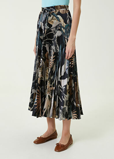 Beymen Club Black Tropical Patterned Midi Pleated Skirt - 3