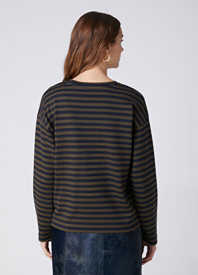 Beymen Club Khaki Navy Blue Striped Sweatshirt - 5