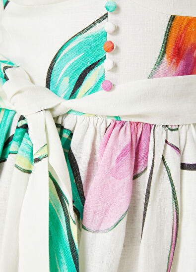 Beymen Club Beyaz Lilyum Desenli Midi Keten Elbise - 5