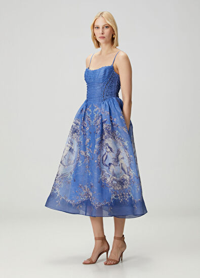 Rebellion Mermaid Mavi Midi Abiye Keten Elbise - Görsel 4