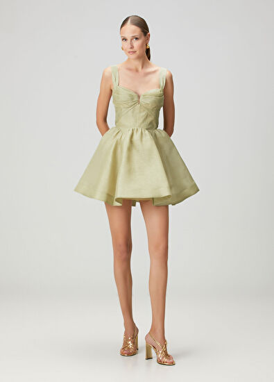 Rebellion Yeşil Drapeli Mini Keten Kokteyl Elbise - Görsel 4