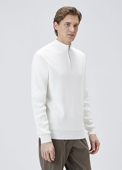 Ekru Yakası Fermuarlı Kazak - Görsel 4