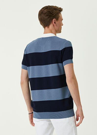 Beymen Club Mavi Polo Yaka Şerit Desenli Kısa Kollu Triko - 4