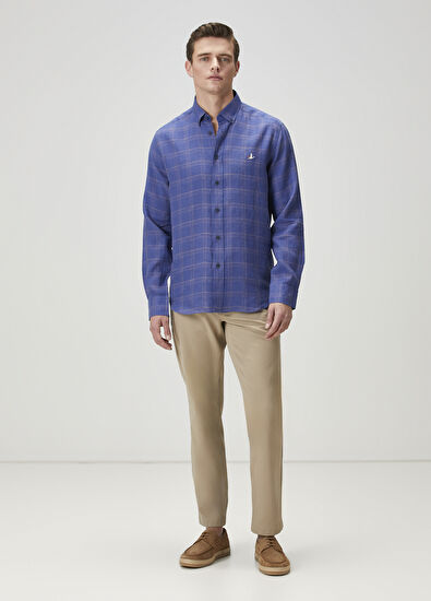 Beymen Club Comfort Fit Lacivert Ekose Desenli Keten Gömlek - 3