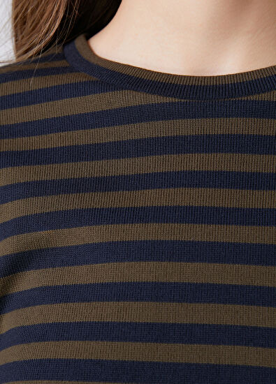 Beymen Club Khaki Navy Blue Striped Sweatshirt - 7