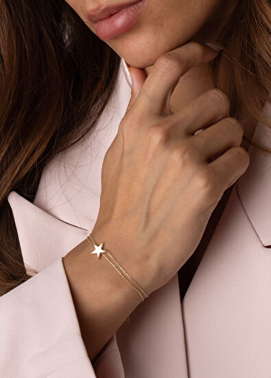 Safir Mücevher Yıldız Detaylı 14 Ayar Altın Zincir Kadın Bileklik - 7