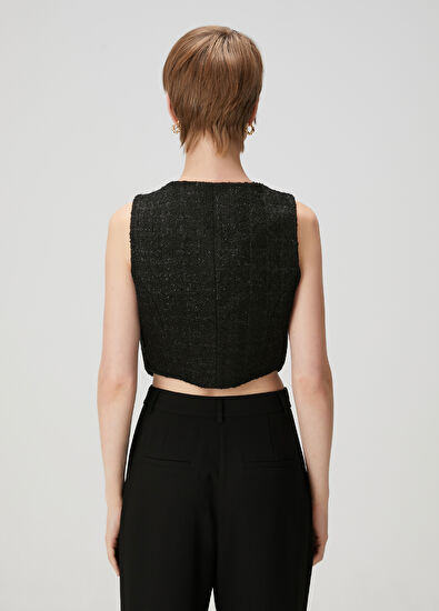 Beymen Club Siyah Simli Kruvaze Tweed Yelek - 4