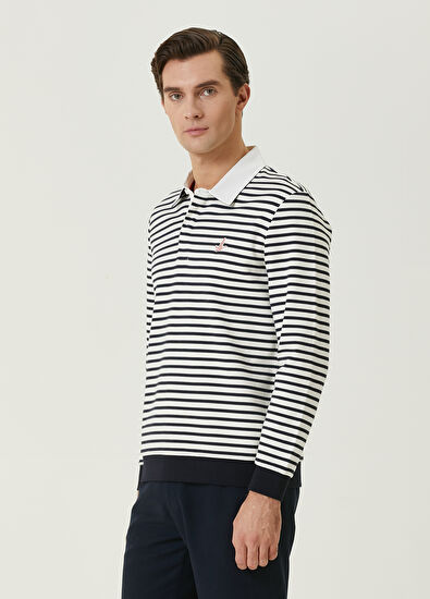 Beymen Club Navy Blue White Marine Striped Polo Sweatshirt - 5