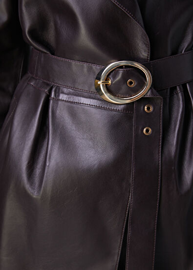 Beymen Club Plum Short Leather Trench Coat - 7