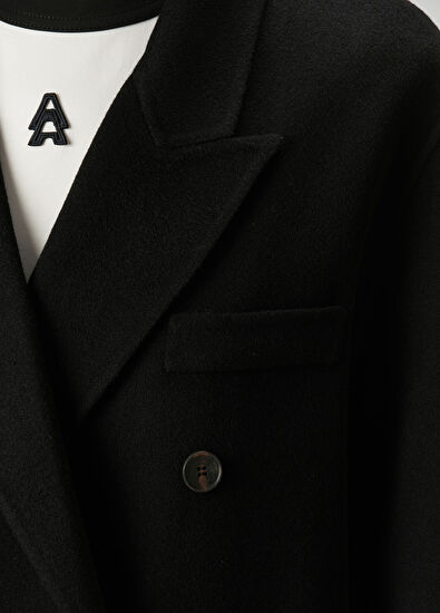 Siyah El Dikişli Yün Palto - Görsel 7