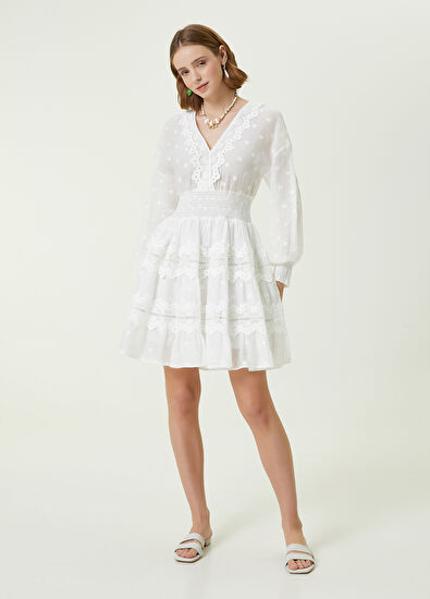 Beymen Club Beyaz Mini Dantel Elbise - 4