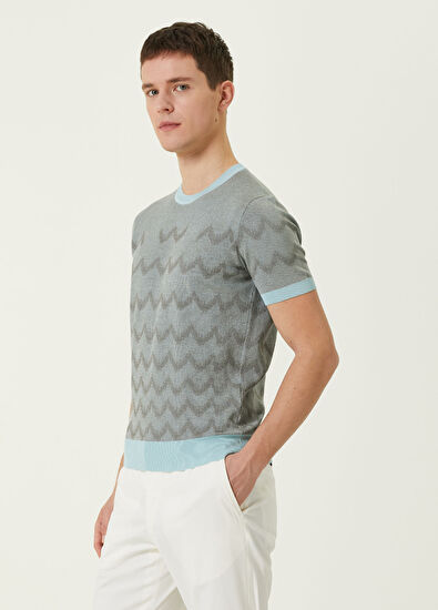 Pal Zileri Short Sleeve Silk Knitwear With Light Blue Geometr - 3