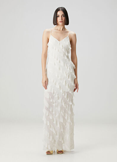 Kırık Beyaz Fırfır Detaylı Maksi Abiye Elbise - Görsel 4