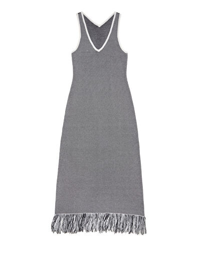 Beymen Club Siyah Beyaz Püskül Detaylı Midi Triko Elbise - 7