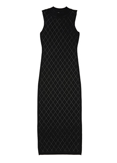 Beymen Club Black Rhinestoned Midi Knit Dress - 7