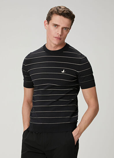 Beymen Club Siyah Kabartmalı Çizgi Dokulu Kısa Kollu Triko - 7