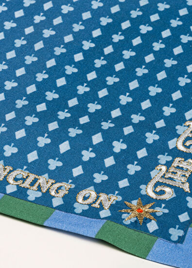 Zsa Zsa Zsu Nilüfer Digital Printed Embroidered Ecru Blue Cotton 2-Piece Napkin Set - 5