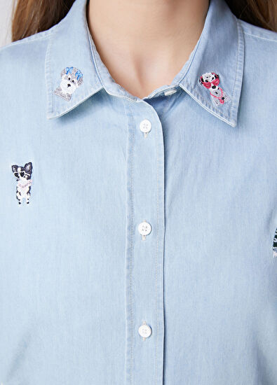 Beymen Club Mavi Köpek Nakışlı Denim Gömlek - 6