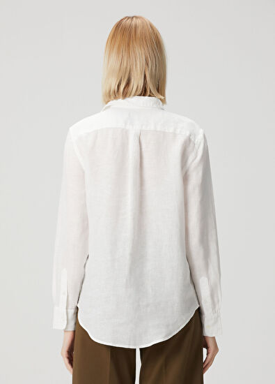 Classic Fit Beyaz Keten Gömlek - Görsel 5