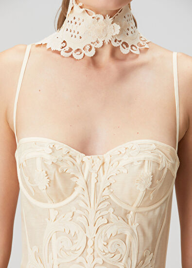 Rebellion Filigree Krem Mini Keten Kokteyl Elbise - Görsel 6