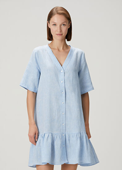 Beymen Club Mavi Mini Keten Gömlek Elbise - 3