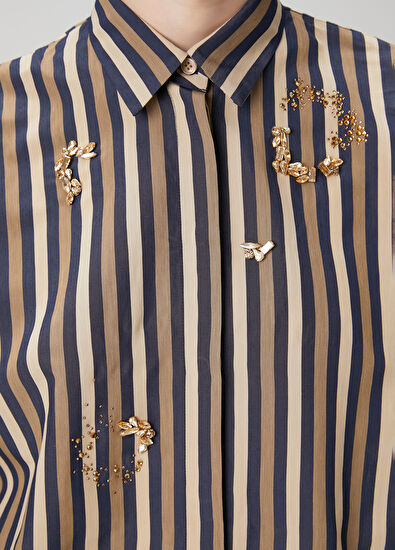 Beymen Club Navy Blue Beige Striped Embroidered Shirt - 5