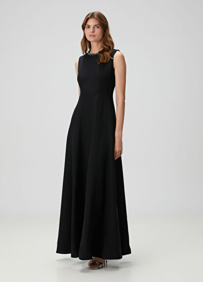 Roland Mouret Black Embellished Maxi Wool Evening Dress - 3
