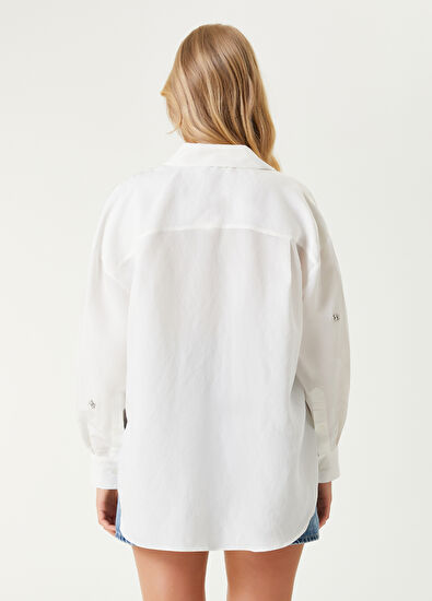 Beymen Club Beyaz Serpme Taşlı Oversize Gömlek - 6
