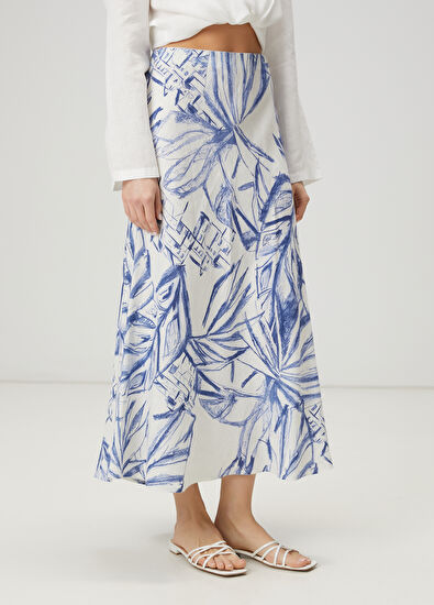 Beymen Club Mavi Beyaz Desenli Maksi Keten Etek - 3