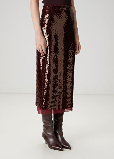 Beymen Club Burgundy Sequined Midi Evening Skirt - 5