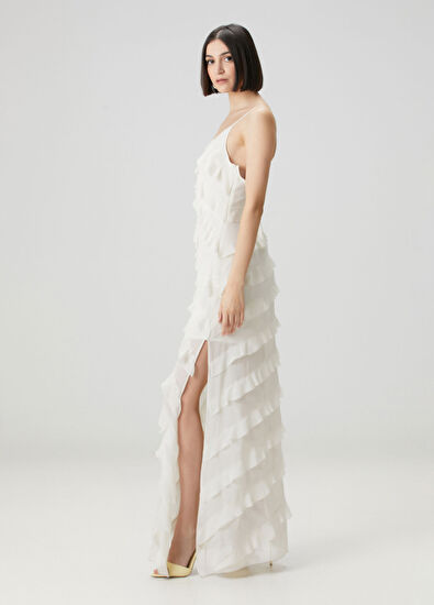 Kırık Beyaz Fırfır Detaylı Maksi Abiye Elbise - Görsel 5