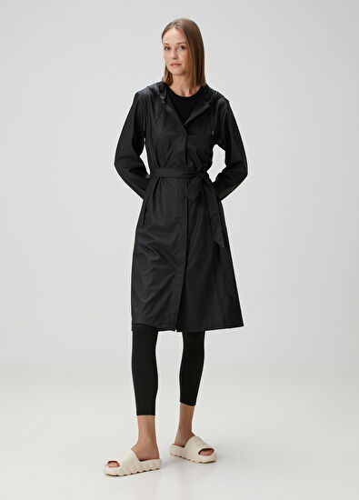Siyah Kapüşonlu Beli Kuşaklı Yağmurluk - Görsel 4