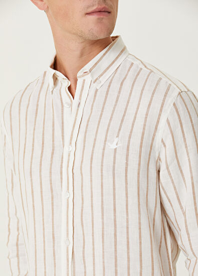 Beymen Club Comfort Fit Coffee White Linen Shirt - 4