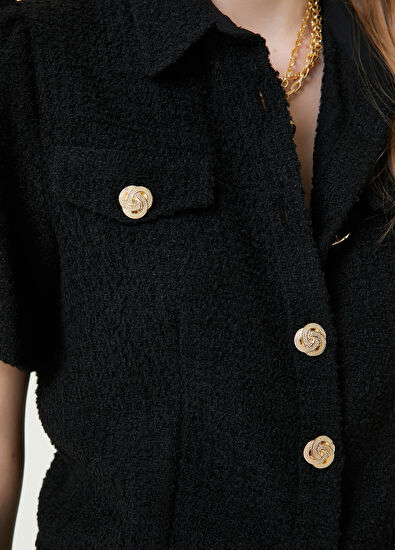 Beymen Club Siyah Metal Düğmeli Tweed Bluz - 5
