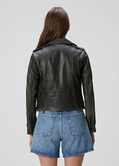 Golden Goose Slim Fit Siyah Deri Biker Ceket - 4