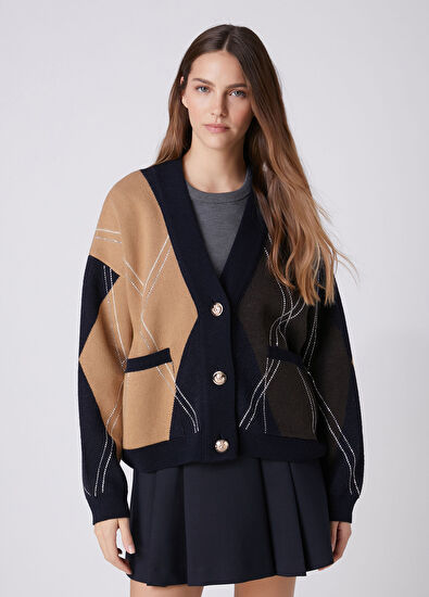 Beymen Club Camel Black Diamond Patterned Wool Cardigan - 5