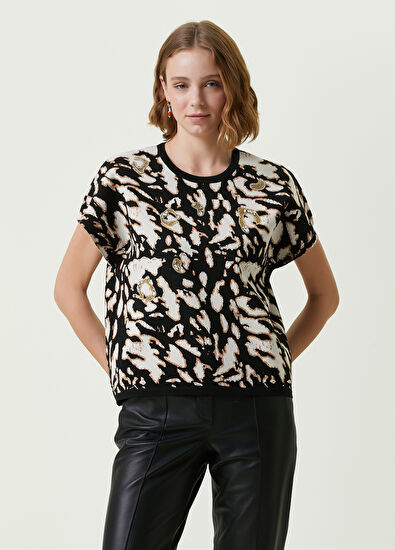 Beymen Club Siyah Bisiklet Yaka Leopar Jakarlı Kazak - 3