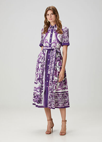 Majolica Mor Midi Poplin Gömlek Elbise - Görsel 5